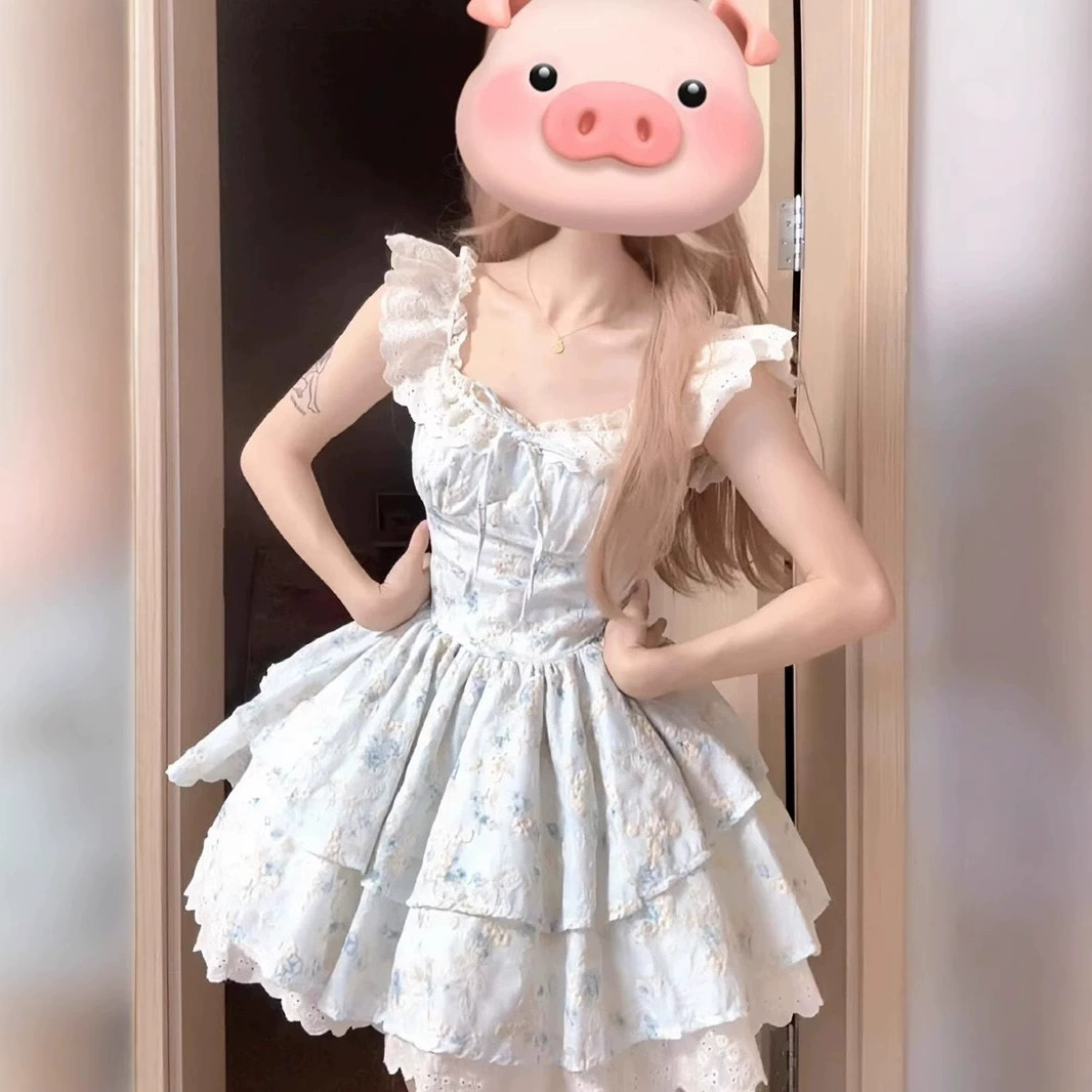 Цветочное платье из вишневого ткачества женское лето французская сладкая милая маленькая летающая юбка кружевной торт пушистая юбка