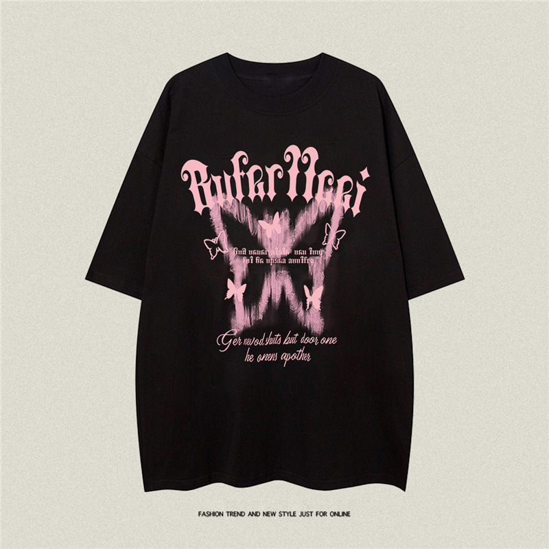 Pure Cotton T-shirt Trendy Brand American Style High Street Butterfly Printed T-shirt Short Sleeve Loose Hip-hop Design Sense Couple T-shirt ins