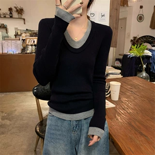 假两件撞色v领长袖针织打底衫女春秋新款韩系慵懒内搭毛衣女上衣