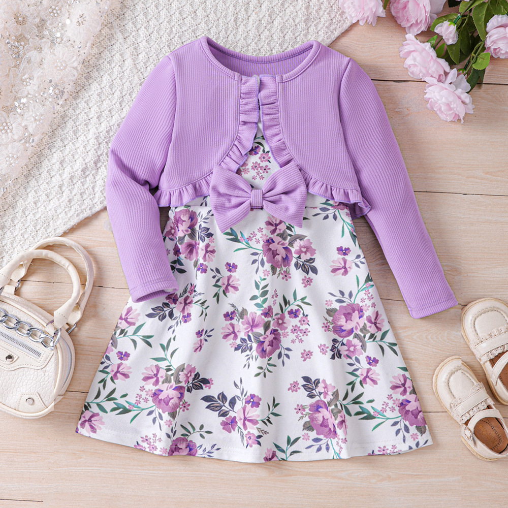 Vêtements pour enfants EW Nouveau produit pour filles Printemps et automne Robe imprimée Ensemble cardigan tricoté TZ828-C_voghion.com