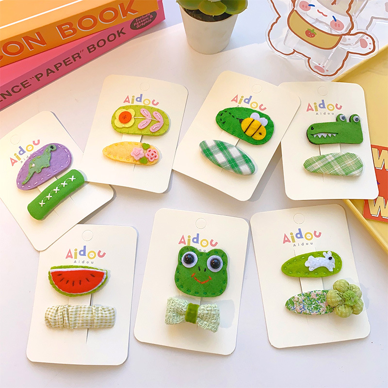 韓版綠色系動物布藝髮夾套裝蝴蝶結bb夾可愛寶寶發卡劉海夾碎髮夾