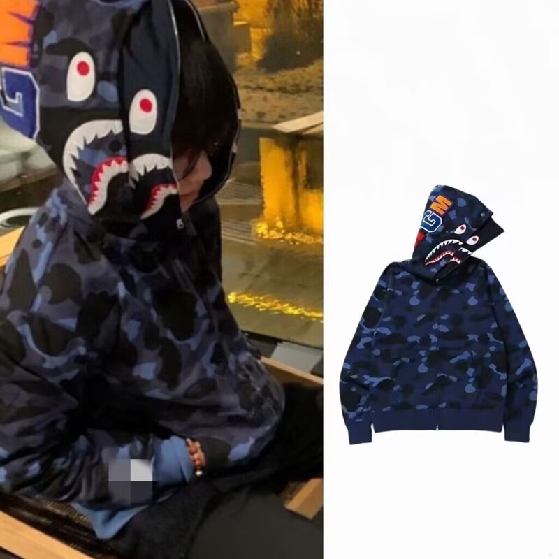 Camouflage Shark Hooded Jacket Street Style Plus-Size Men's Cardigan Zipper Embroidered Sweatshirt Spring, Autumn, and Winter Long-Sleeve Jacket