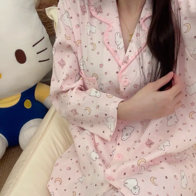Long Pants Spring and Autumn Soft Cute Outfit Ins-Style Moon Pink Loungewear Princess-Style Long-Sleeve Bunny Girl Pajamas Long Pants Spring and Autumn Soft Cute Outfit Ins-Style Moon Pink Loungewear Princess-Style Long-Sleeve Bunny Girl Pajamas