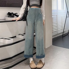 9206孕婦牛仔褲有口袋側抽繩闊腿褲寬鬆型九分褲復古色外穿直筒褲