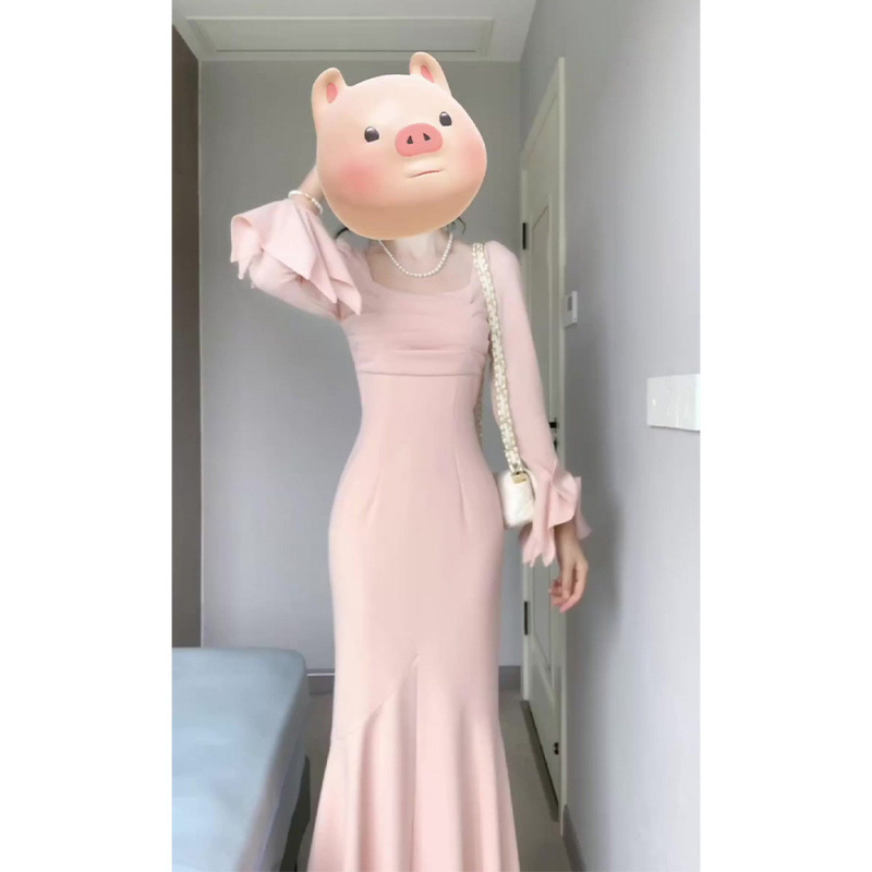 法式优雅方领喇叭袖连衣裙女秋冬纯欲气质收腰显瘦修身长裙鱼尾裙|undefined