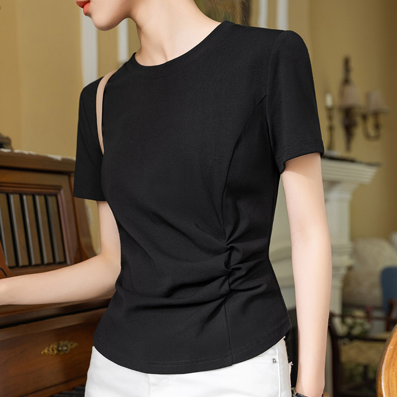 Camiseta de manga corta para mujer verano 2023 nuevo hombro de cuello redondo Mujer color sólido diseño Camiseta de algodón plisado cintura superior