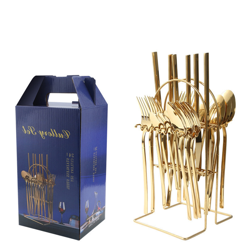 Vajilla de caballero de acero inoxidable de Amazon transfronterizo, bistec occidental, cuchillo, tenedor, cuchara, cuchara de postre, juego de caja de regalo de 24 piezas