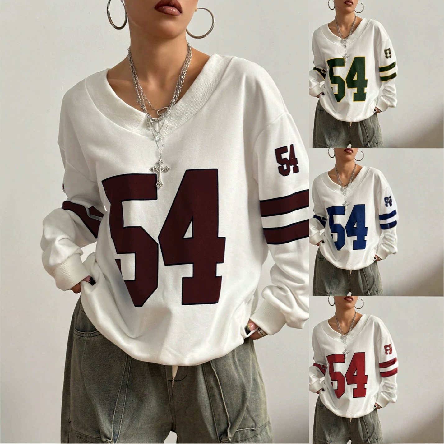 European and American Cross-Border New Women's Clothing American Street Style Color-Block Short-Sleeve Ribbed V-Neck Digital Print Versatile Sweatshirt Wholesale