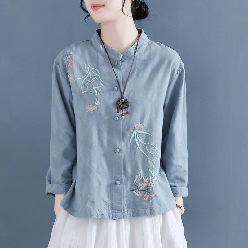 Chinese Style Embroidered Cotton and Linen Shirt, Vintage Long-Sleeve Stand-Collar Tea Dress, Loose-Fitting Linen Top, 2025 Spring and Autumn Collection Chinese Style Embroidered Cotton and Linen Shirt, Vintage Long-Sleeve Stand-Collar Tea Dress, Loose-Fitting Linen Top, 2025 Spring and Autumn Collection