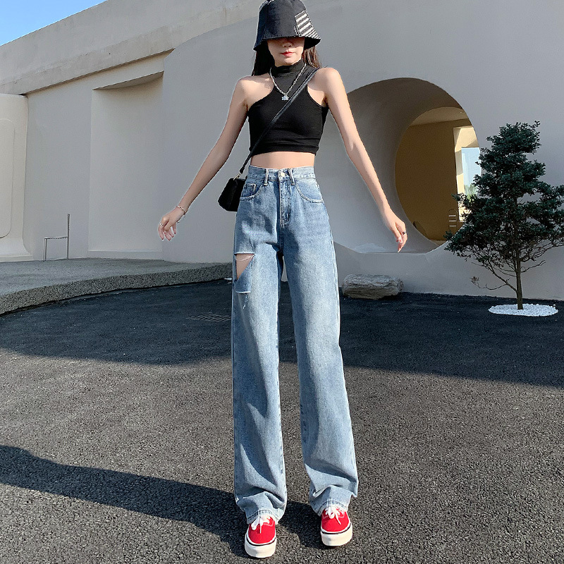 2022 Summer casual loose multi-color wide-leg jeans, Korean-style high-waisted slimming 9-point casual long pants for women pic 5