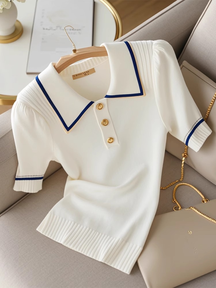 Áo thun nữ cổ polo tay lỡ phối màu chất liệu cotton lạnh — trắng
