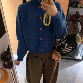 2026年法式蓝色立领针织衫开衫女春季韩系软糯宽松毛衣外套上衣