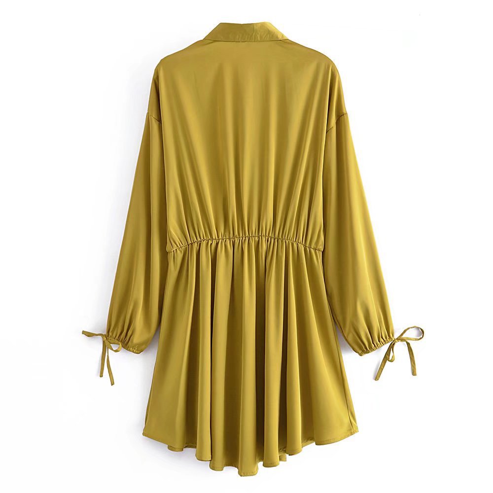 Yellow Lantern Sleeved Satin Elastic Shirt Dress NSXFL106614