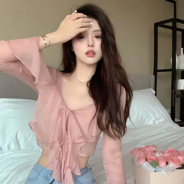 Новинка весны и лета шифоновая рубашка с длинными рукавами и V-образным вырезом из чистого дизайна, стильный короткий солнцезащитный Топ