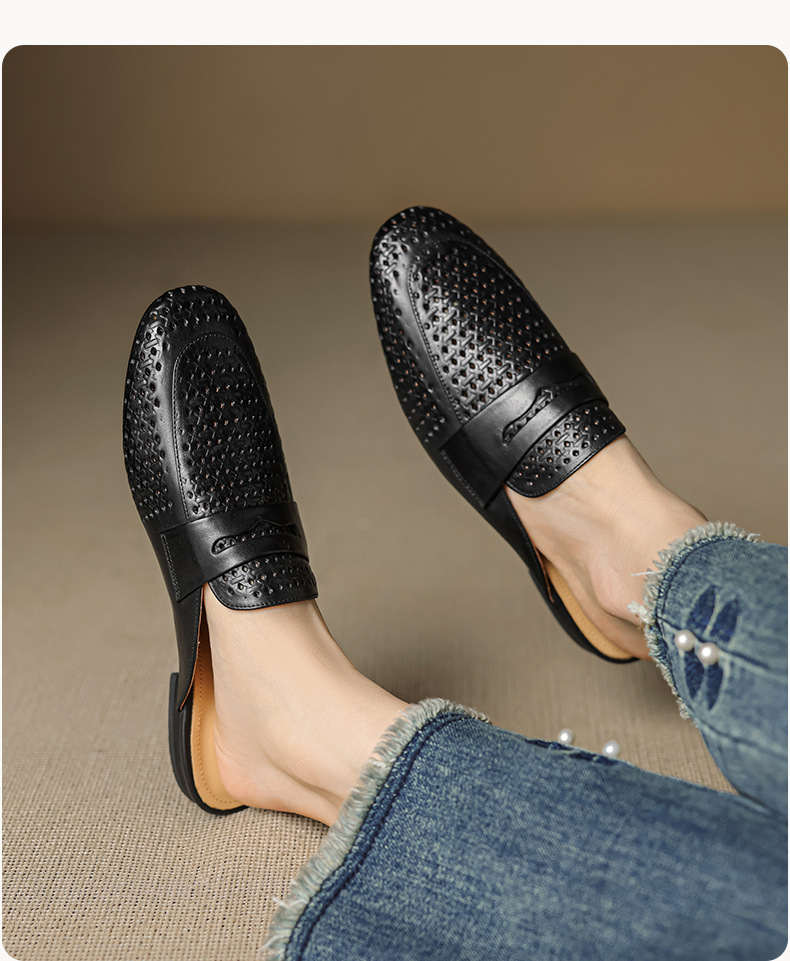 Giày mule nữ da bò mũi vuông hở gót đế bằng — đen chi tiết 12