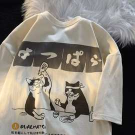 重磅纯棉欧美创意猫咪印花短袖t恤男女宽松圆领夏季ins休闲体恤衫