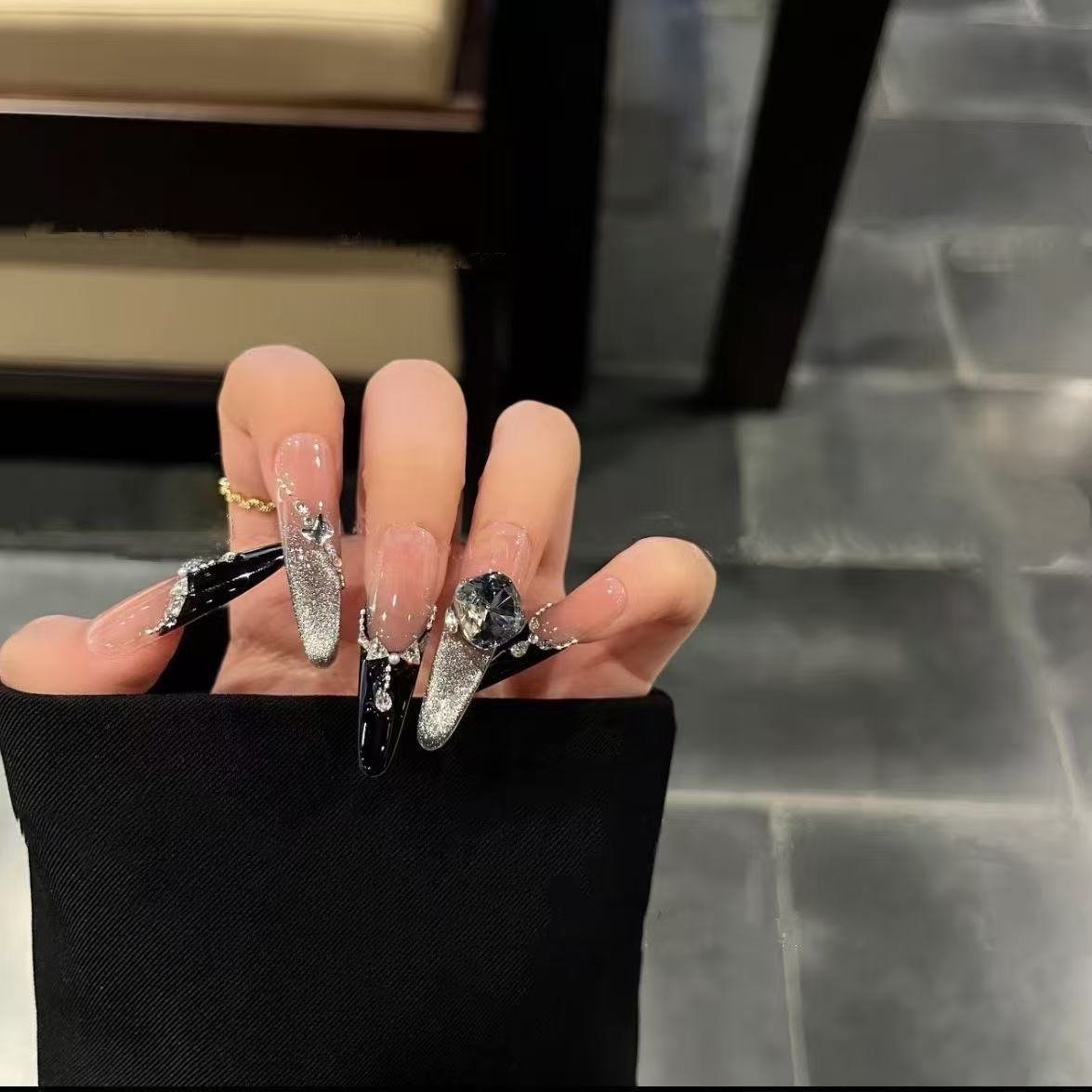 Manos negros franceses piezas de uñas productos terminados perros largos 4.0 piezas de uñas usadas piezas de uñas falsas productos terminados