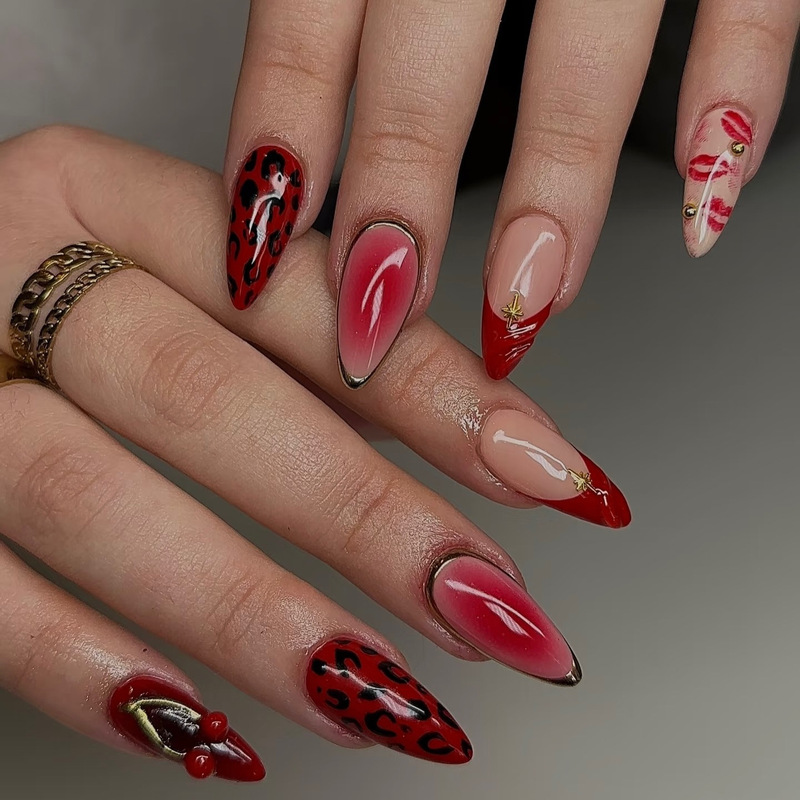 Red Hot Girl European and American Blush Leopard Print Cherry Wearable Nail Cross-Border Foreign Trade Advanced Niche Lip Nail Art Patch