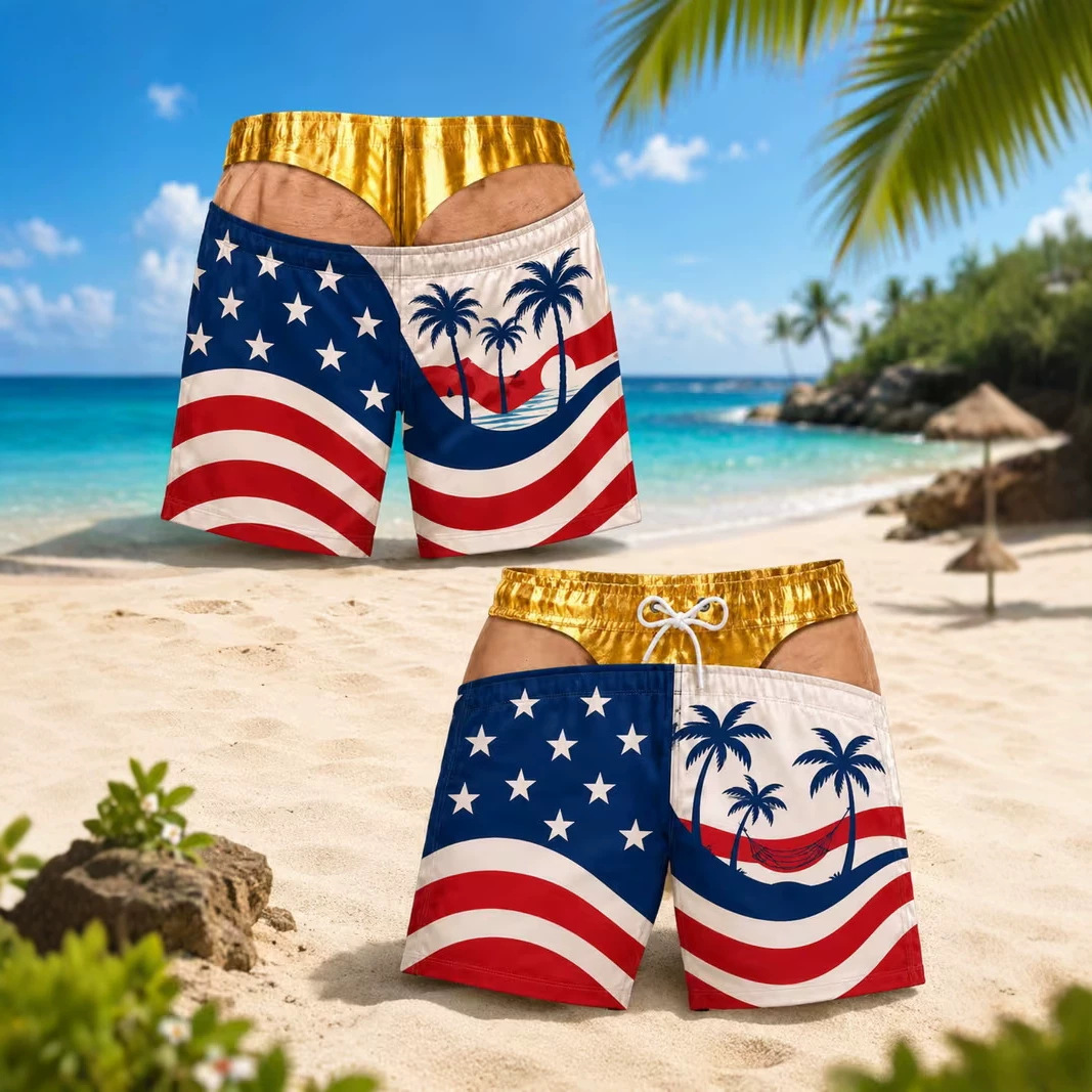 Summer men's shorts with unique and interesting 3D print, loose-fitting Hawaiian beach shorts and swim trunks
