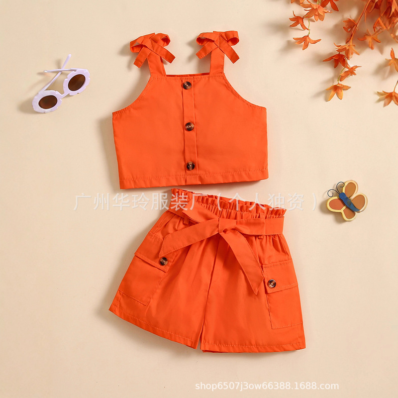 Foreign Trade New Girls' Suit for Small and Medium-Sized Children Pure Color Suspender Pure Color Bow Top Belt Girls Shorts Suit