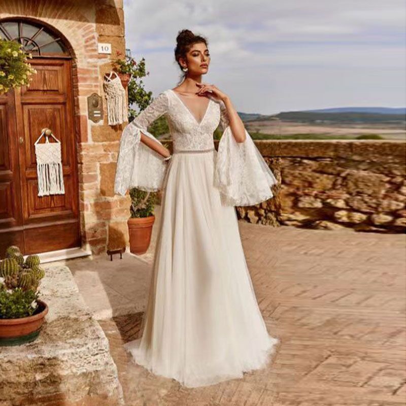 El comercio exterior europeo y americano Amazon AliExpress desea estación independiente nueva línea de encaje campana manga piso-longitud vestido de novia