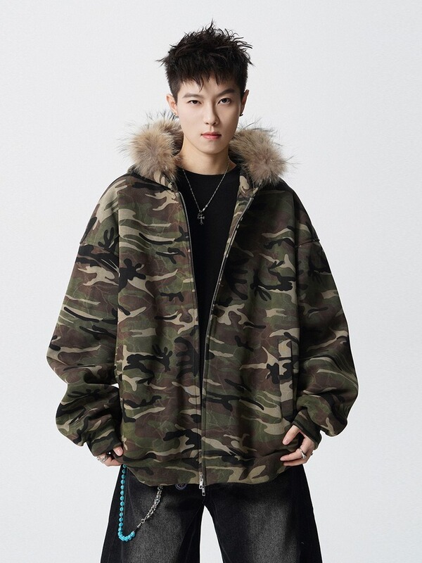 2025 New American-Style Camouflage Fur Collar Autumn and Winter Hooded Sweatshirt Men's Cardigan Jacket Heavyweight Street-Style Loose Top