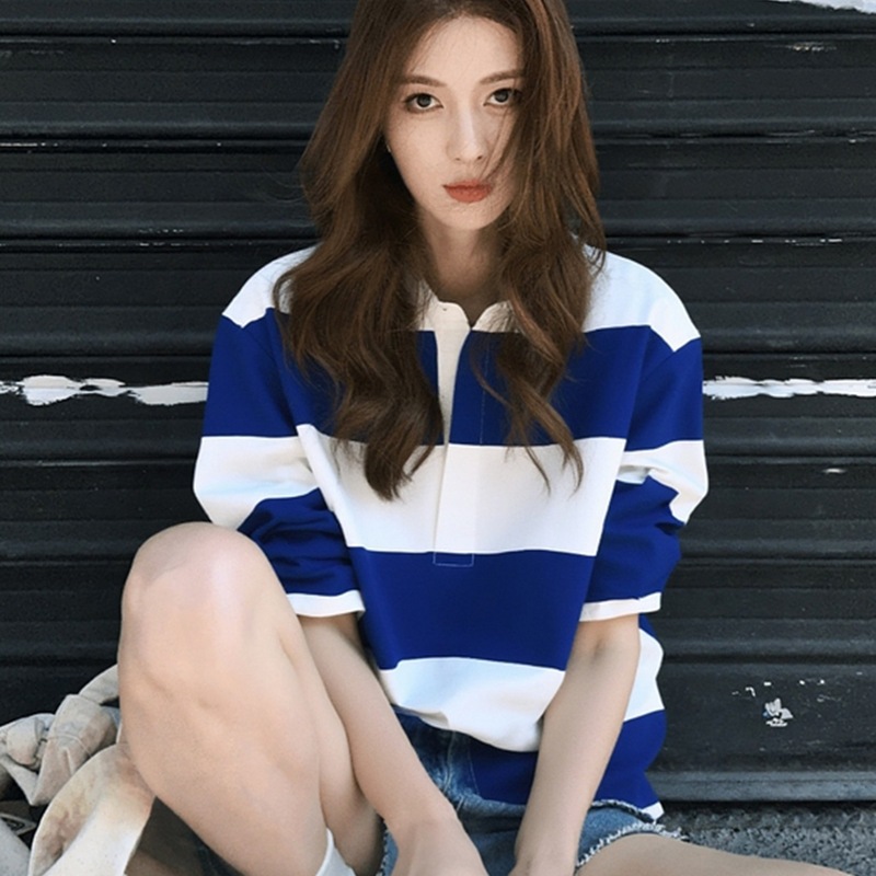 早秋装小个子韩系上衣美式复古慵懒chic多巴胺蓝白条纹长袖卫衣女|undefined