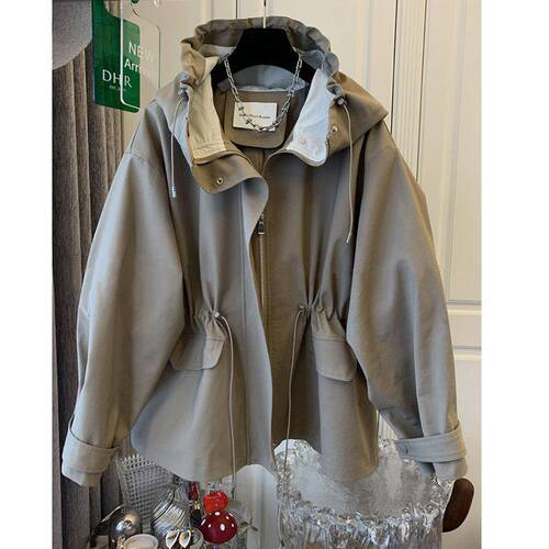 Women's Autumn Workwear Trench Coat: Meadville Style Drawstring Top, Short Fit, Defined Waistline, Baseball-Style Jacket