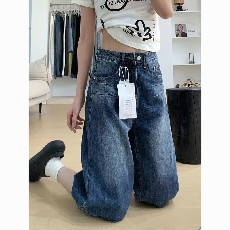 American-Style Dark Blue Wide-Leg Cropped Jeans for Women, 2025 Summer New High-Waisted Slimming Loose Straight Mid-Length Pants