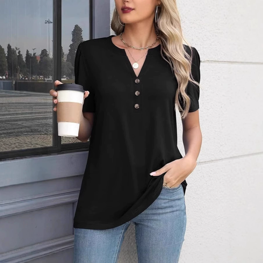 2025 Amazon Independent Station AliExpress Heyin Европа и США новый V-образный вырез с пятью короткими рукавами рубашка сплошной цвет