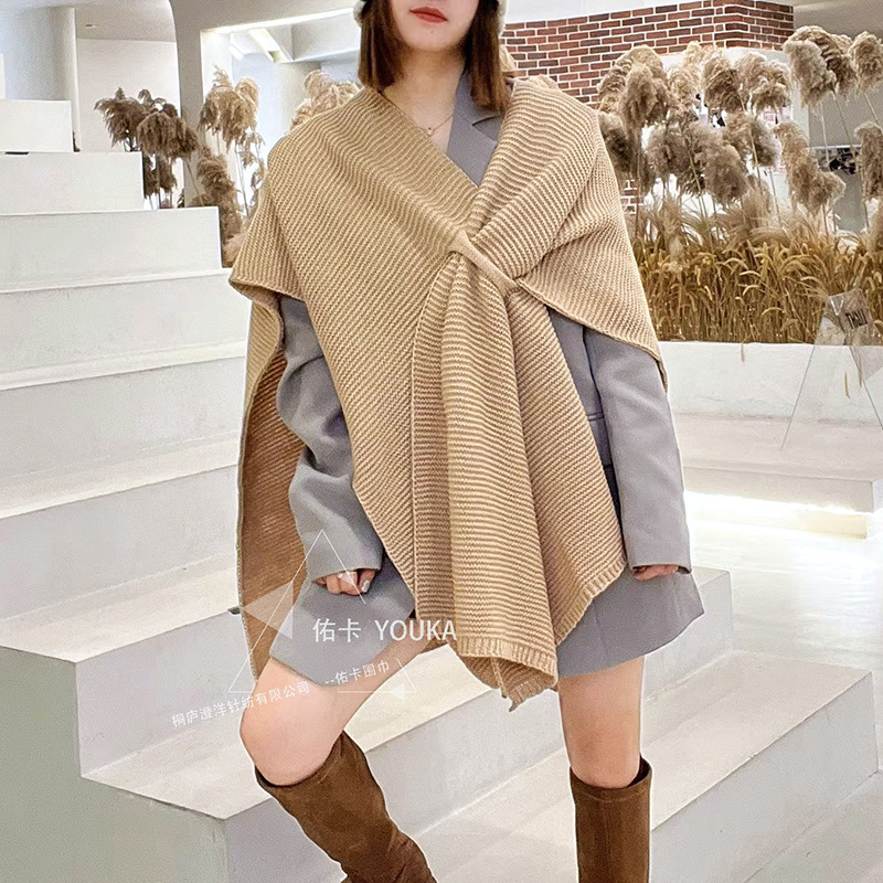 韓国の女性用ロングショール、高級秋冬ファッションアウターウェア、卸売模造カシミヤ雰囲気ニットマントショール|undefined