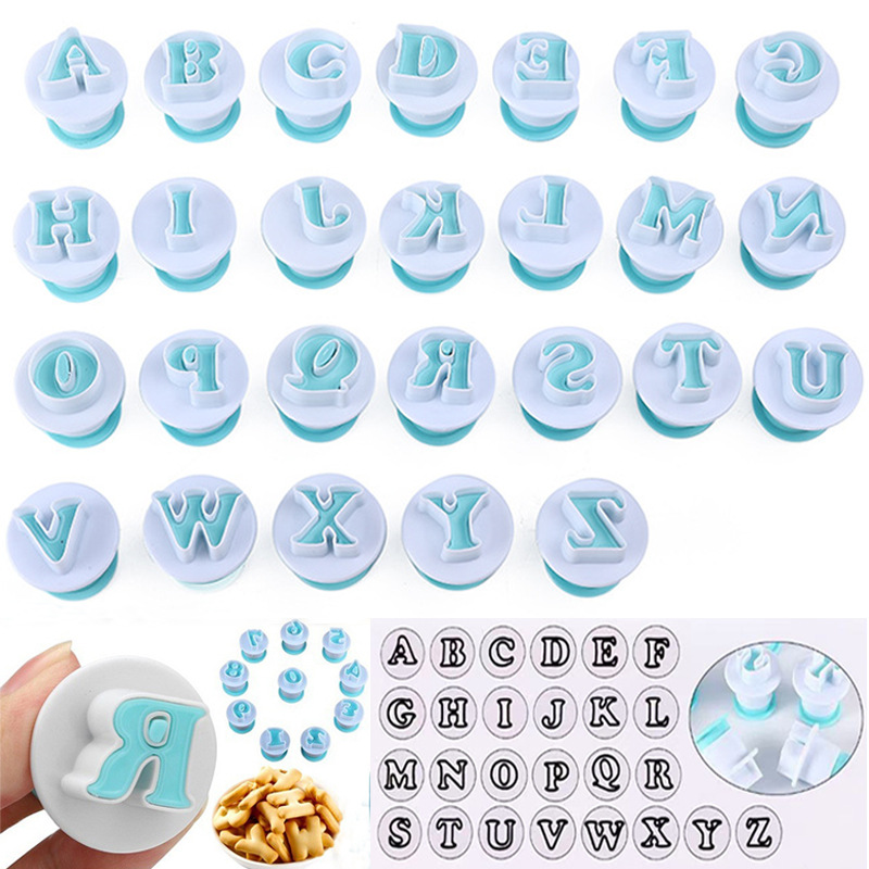 26Pcs Uppercase and Lowercase Alphanumeric Biscuit Spring Press Mold Fondant Cake Printing Mold Cutting Mold Baker