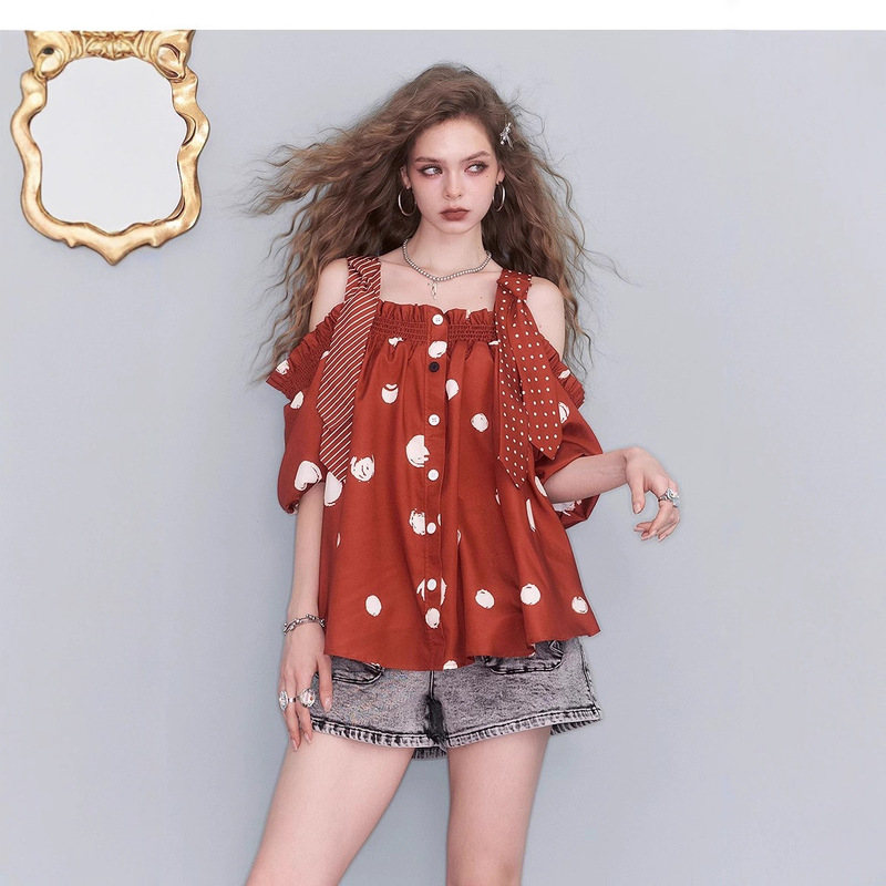 In-Stock Same Style: "Polka Dot Queen" French-Style Off-Shoulder Polka Dot Shirt with Ruffled Edge and Short Sleeves