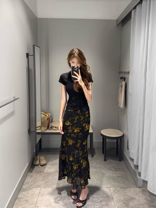 半身裙女夏长款2025小个子复古黄玫瑰裙子套装轻熟碎花修身包臀裙|undefined