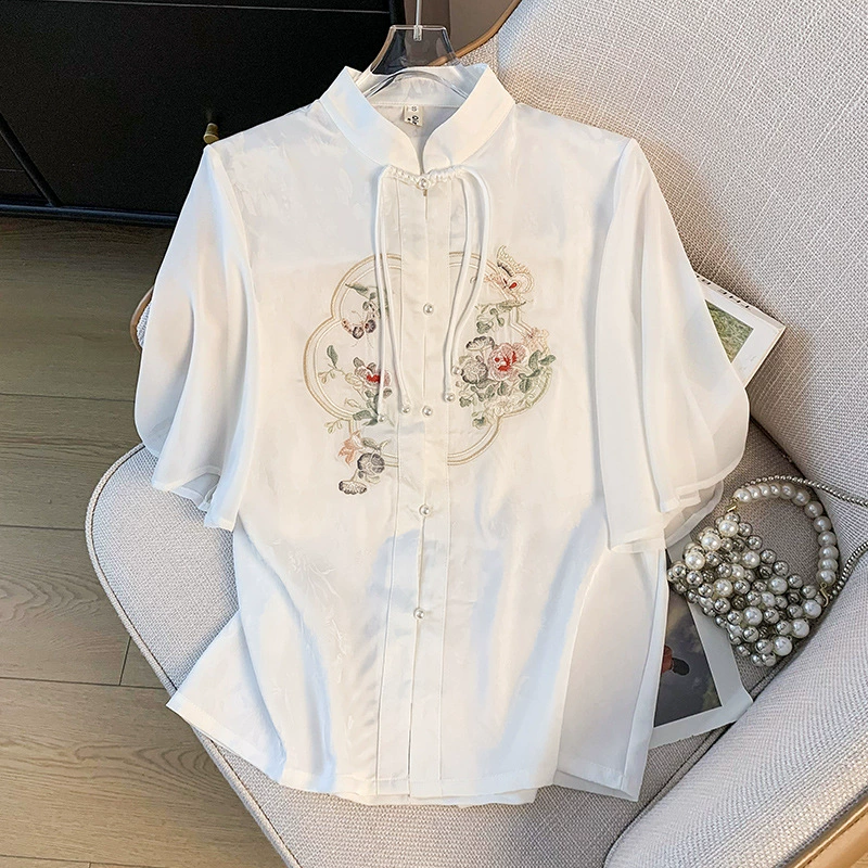 Летний новый китайский стиль новый китайский стиль жаккардовый тяжелый шитье с вышивкой стоячий воротник с пуговицами рубашка топ ретро национальная мода рубашка женщина