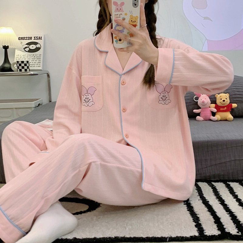 Nueva chica Rosa pijamas de las mujeres peinado jacquard algodón Otoño e Invierno manga larga solapa cardigan lindo dulce hogar desgaste traje