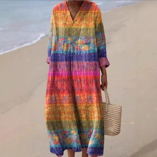 亚马逊长袖衬衫连衣裙女士休闲碎花3D印花袖长裙大码衬衫连衣裙