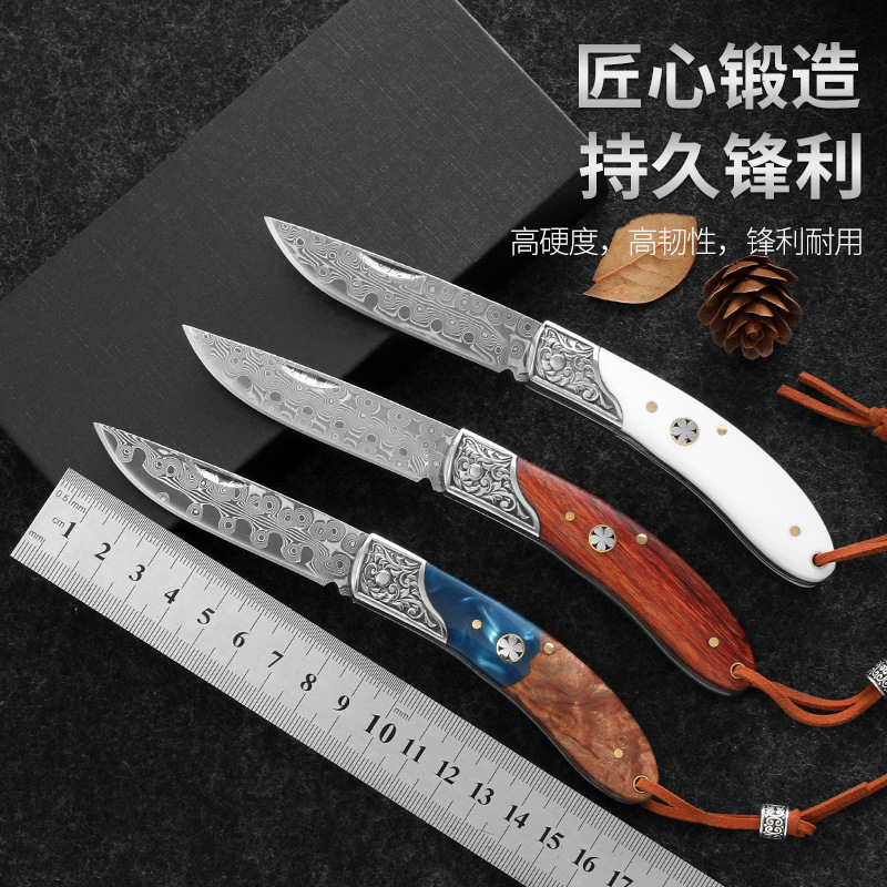 大马士革锻打小刀家用手把肉烤肉刀便携口袋刀户外折叠刀批发刀具