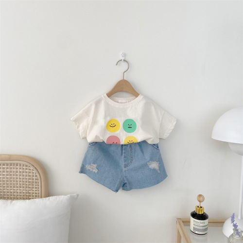 Korean summer version of boys and girls baby thin cotton soft letters smiley face short-sleeved T-shirt ins versatile tops for infants and young children