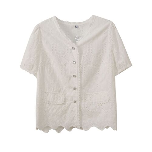 Eno Plus Size Women's Korean Style Gentle and Elegant V-Neck Blouse 2025 Summer New Sweet Short-Sleeve Top 252551