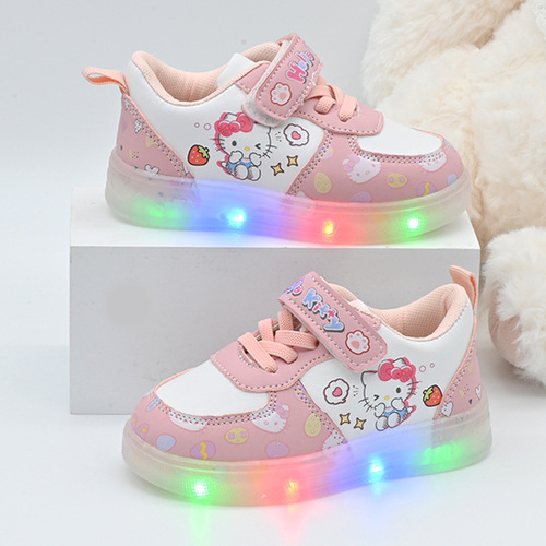 LED Lighted Cartoon KT Cat Slip-On Shoes for Girls and Toddlers Aged 1-3, Soft Sole Learning to Walk Shoes for Spring and Autumn