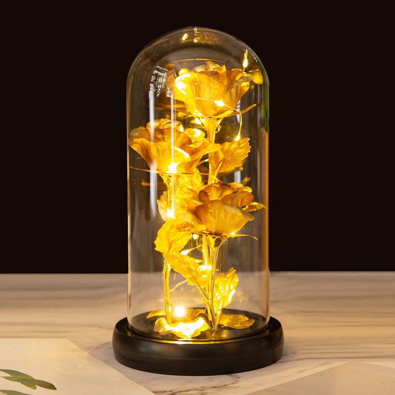 工廠直銷三朵玻璃罩金箔玫瑰花擺件教師節生日禮物LED批發