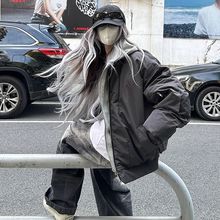 假两件连帽女冬季韩系复古时尚感棒球服宽松加厚羽绒服外套潮