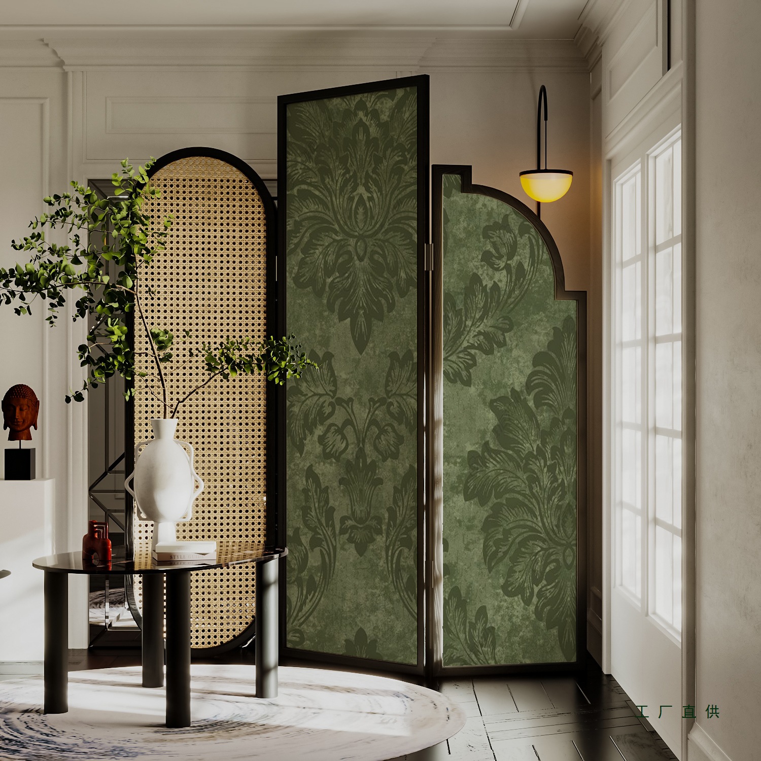 French-Style Retro Solid Wood Screen Partition Wall for Living Room, Simple Home Sofa Background Wall, Mobile Folding Entrance Screen