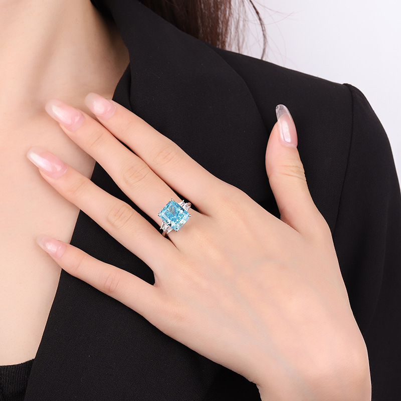 Zhuang Sheng joyería S925 todo el cuerpo plata de alto carbono diamante pulsera anillo rectangular 10*12 simple anillo elegante para las mujeres