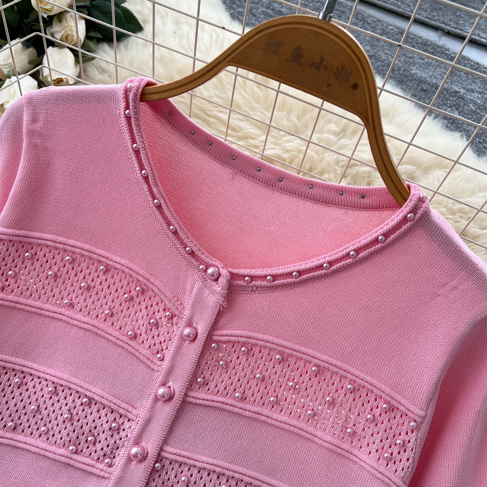 Women's Soft Pink Knit Two Piece Set Slim Fit Waist Cinching Fishtail Skirt Suit for Summer_ecoleips.com