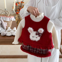 女童冬季加绒套装25新款儿童洋气加厚宝宝冬装毛呢兔子马甲两件套