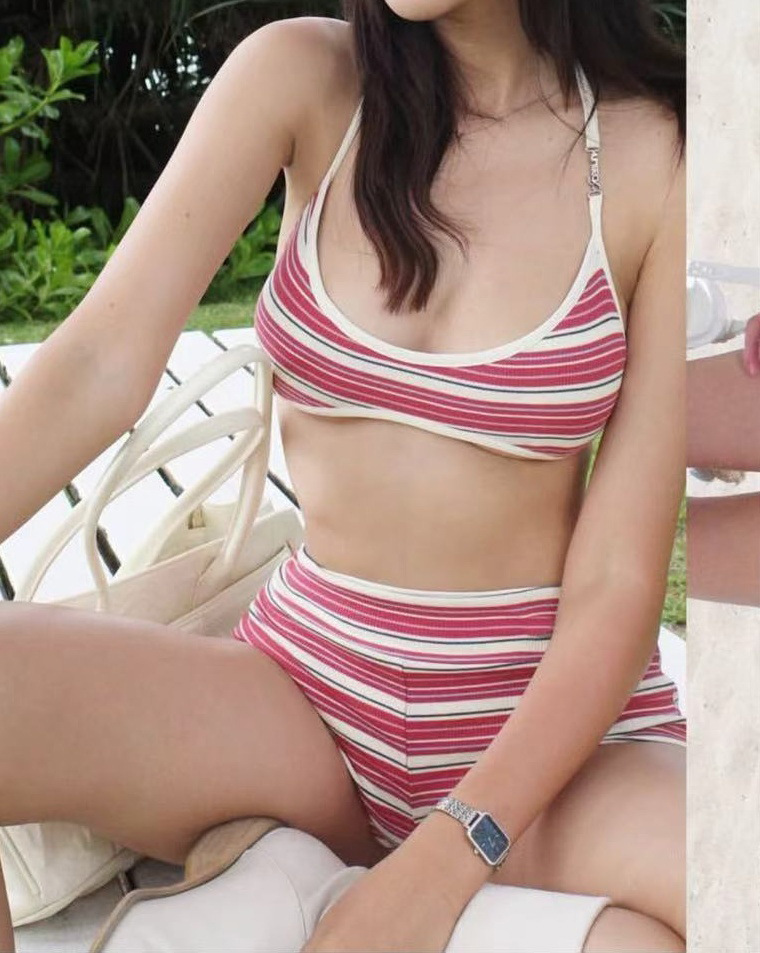 Trajes de baño a rayas retrógradas francesas para mujeres, trajes de baño de vacaciones conservadores de cintura alta y pequeño pecho sexy