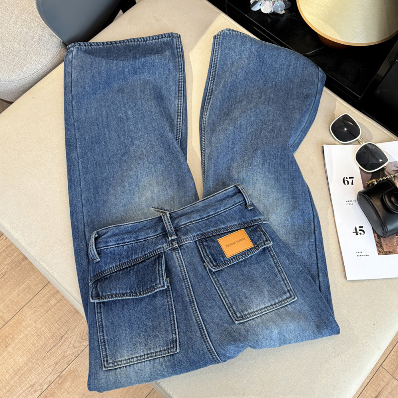 Wholesale Li Wanjun Style American Retro Fleece-Lined Soft Denim Pants for Women, Winter Workwear Design, High-Waisted Straight Wide-Leg Pants