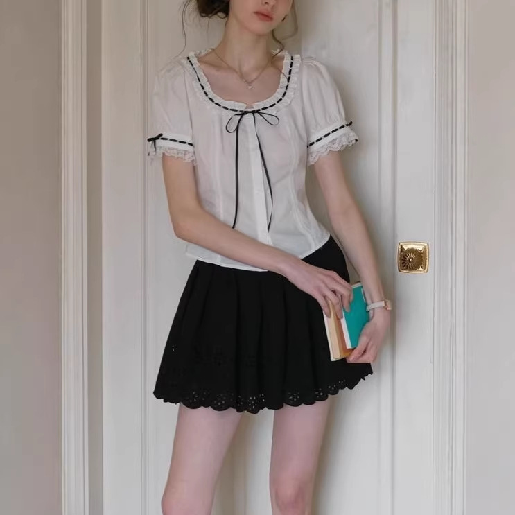 Isisloe White High-End Sweet French-Style Shirt with Lace Trim and Contrasting Bow Tie Top for Women Summer Isisloe White High-End Sweet French-Style Shirt with Lace Trim and Contrasting Bow Tie Top for Women Summer